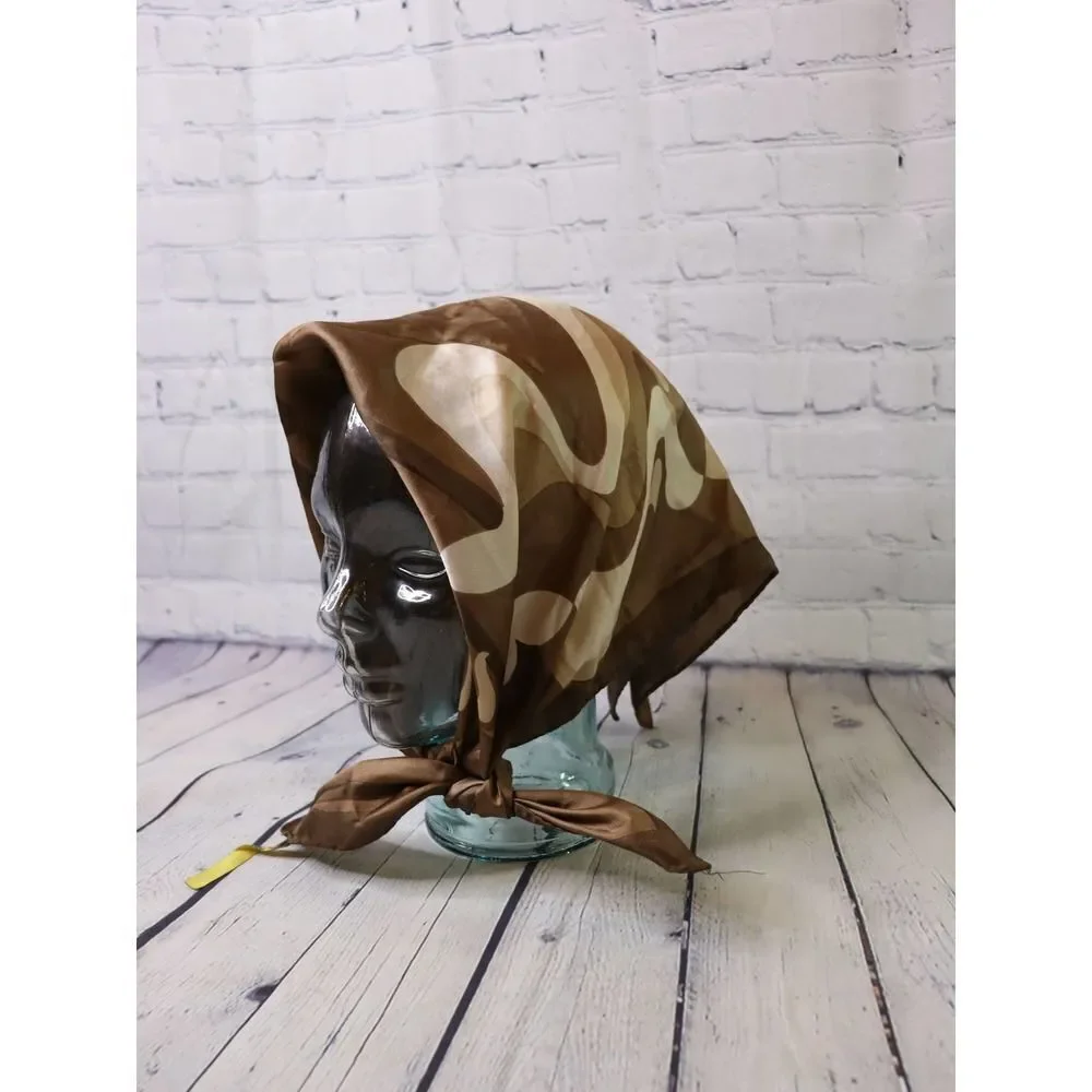Vintage Italian Scarf – 60s Acetate Brown Wavy Print Headscarf Made in Italy